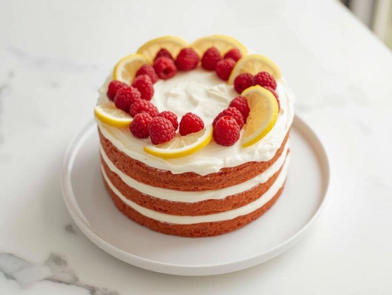 Raspberry lemon layer cake with white frosting, fresh raspberries on top, and lemon slices for decoration