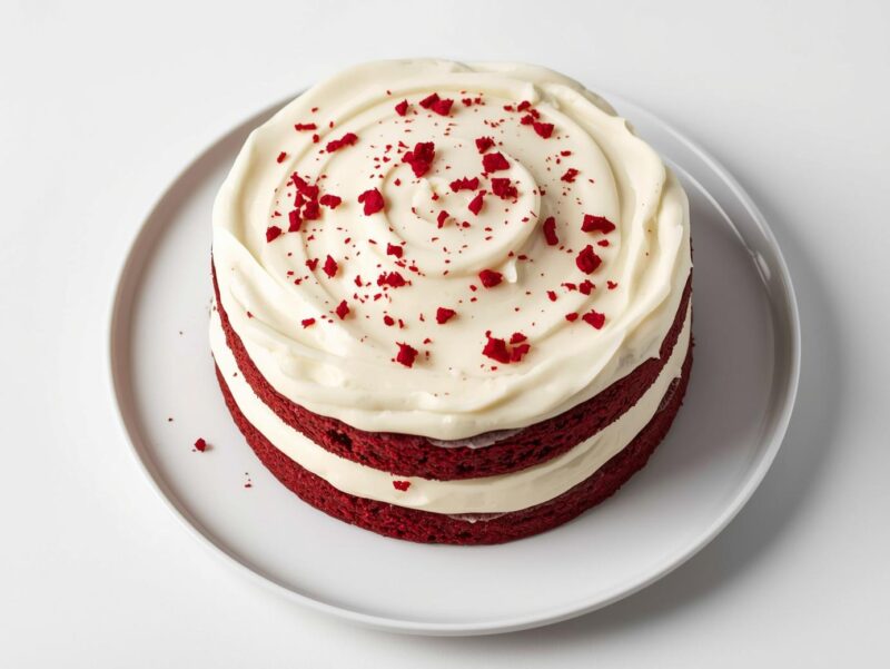 Red velvet layer cake with white cream cheese frosting and red cake crumbs decoration