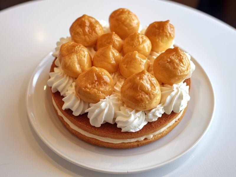 Saint-Honoré cake with caramelized cream puffs and whipped cream