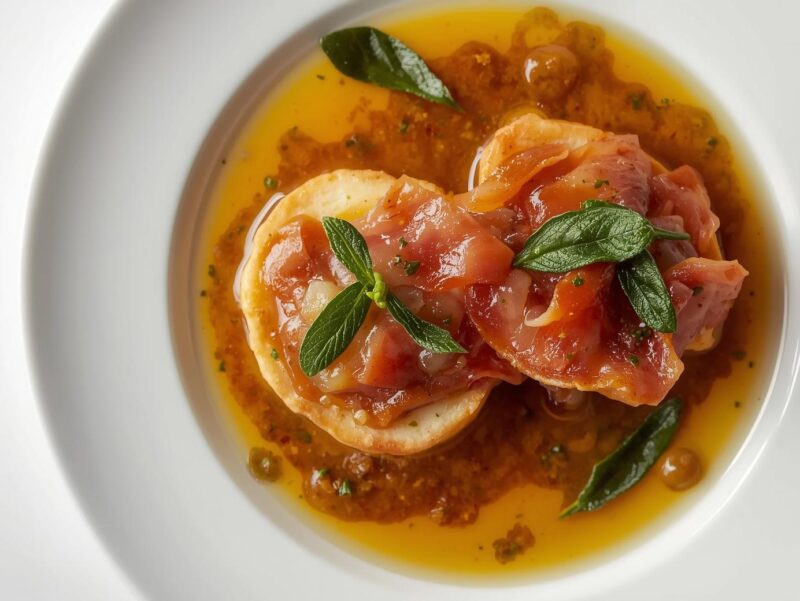 Saltimbocca alla Romana with thin veal cutlets topped with prosciutto and sage leaves in a white wine sauce