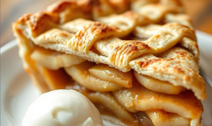 Classic apple pie with lattice crust and vanilla ice cream