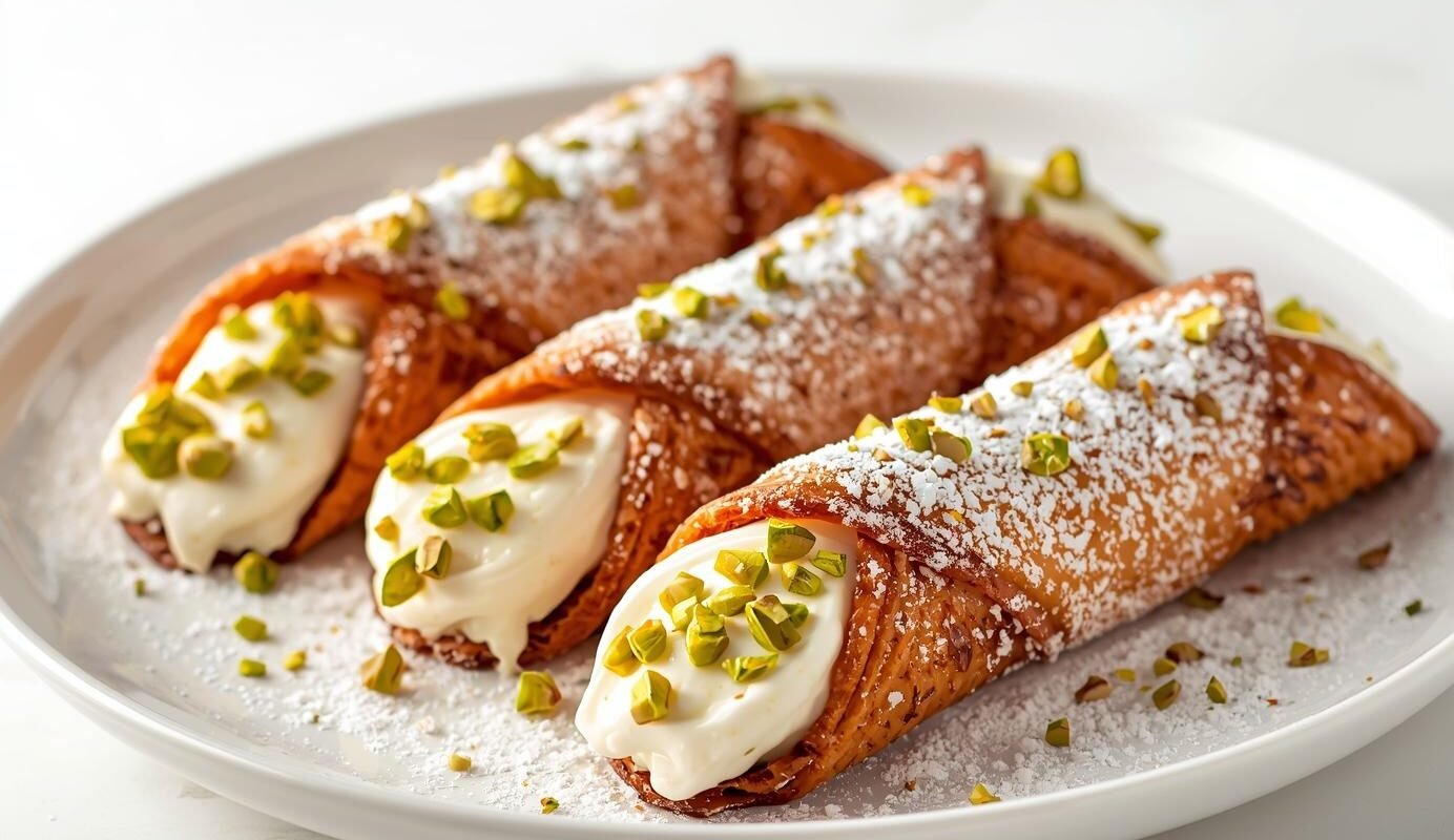 Sicilian cannoli with crispy shells filled with sweet ricotta cream, dusted with powdered sugar and garnished with pistachios