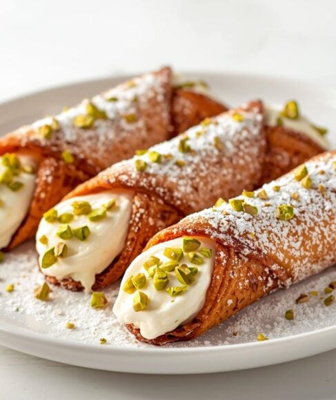 Sicilian cannoli with crispy shells filled with sweet ricotta cream, dusted with powdered sugar and garnished with pistachios