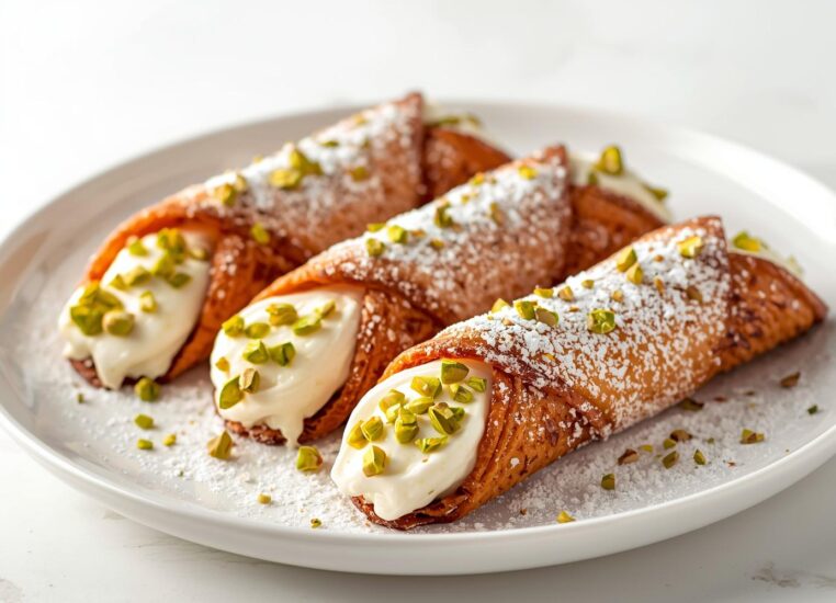 Sicilian cannoli with crispy shells filled with sweet ricotta cream, dusted with powdered sugar and garnished with pistachios