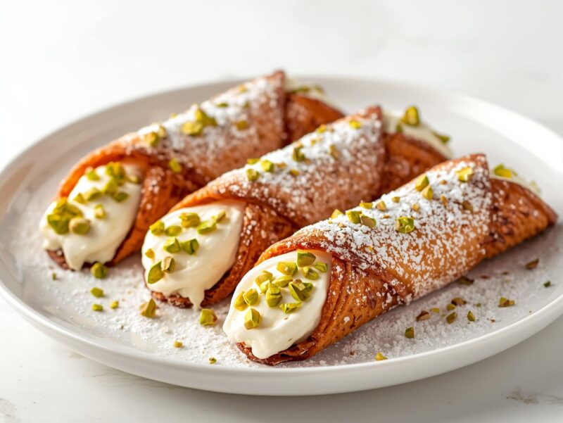 Sicilian cannoli with crispy shells filled with sweet ricotta cream, dusted with powdered sugar and garnished with pistachios
