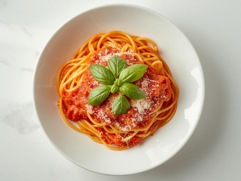 Simple pasta al pomodoro with spaghetti coated in bright red tomato sauce, garnished with fresh basil and Parmigiano-Reggiano