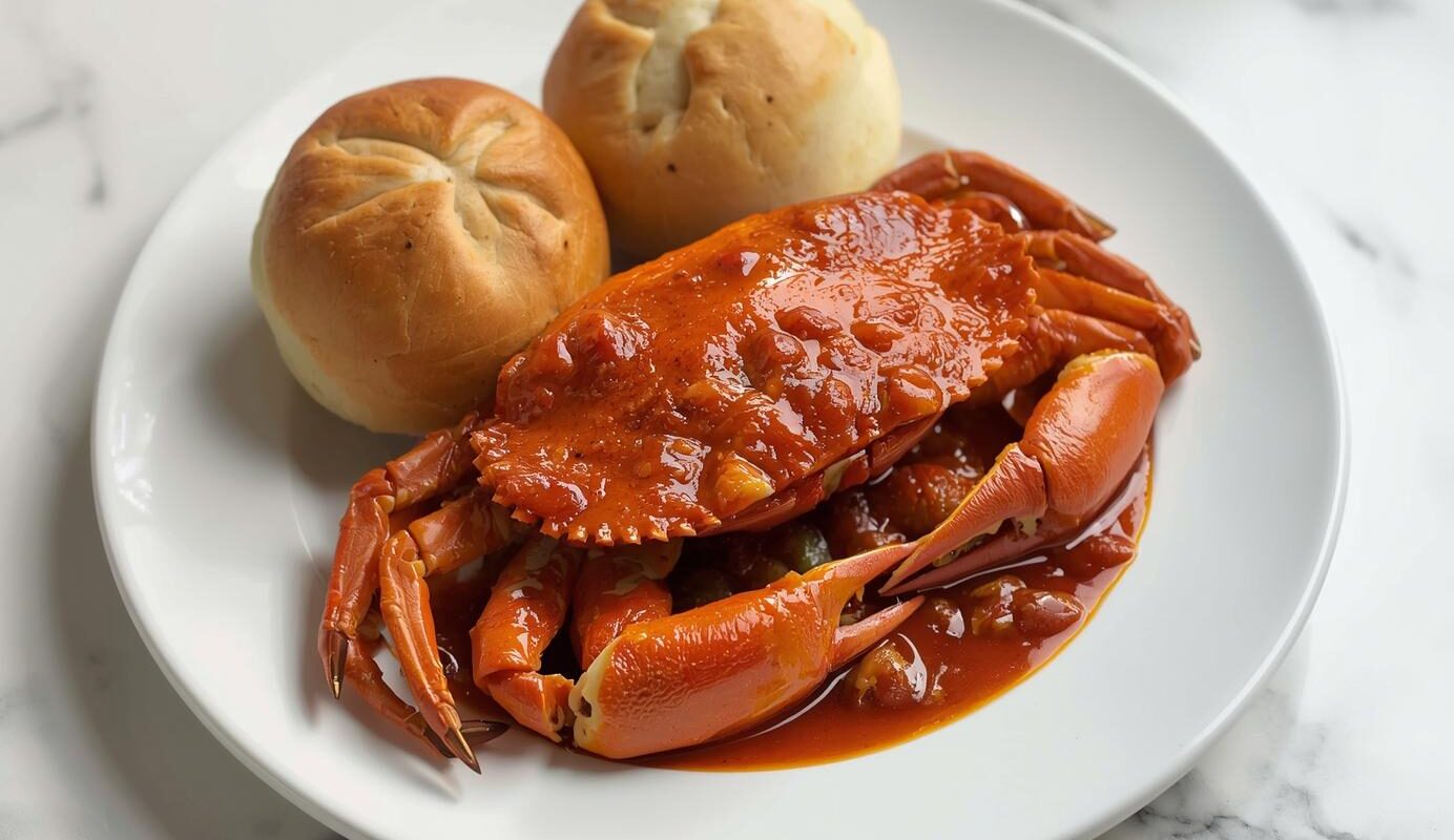 Singaporean chili crab in a rich, spicy sauce with mantou buns - one of the 15 Must-Try Asian Dishes