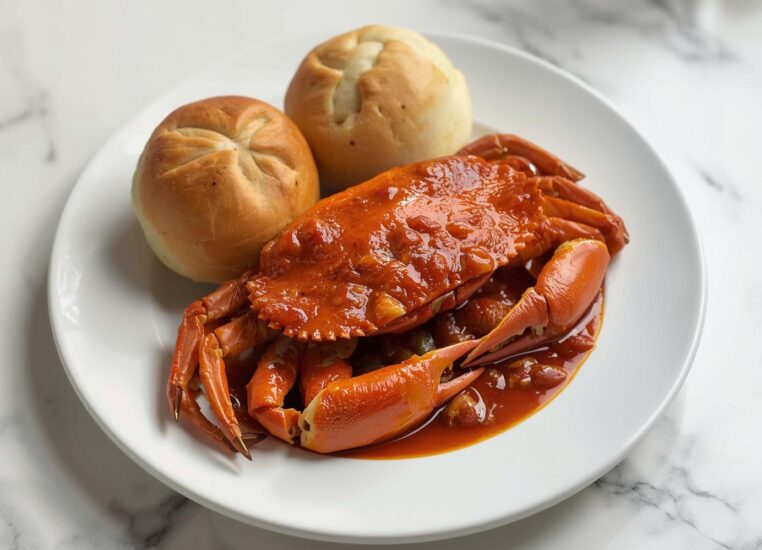 Singaporean chili crab in a rich, spicy sauce with mantou buns - one of the 15 Must-Try Asian Dishes