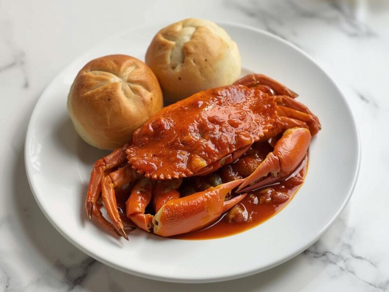 Singaporean chili crab in a rich, spicy sauce with mantou buns - one of the 15 Must-Try Asian Dishes