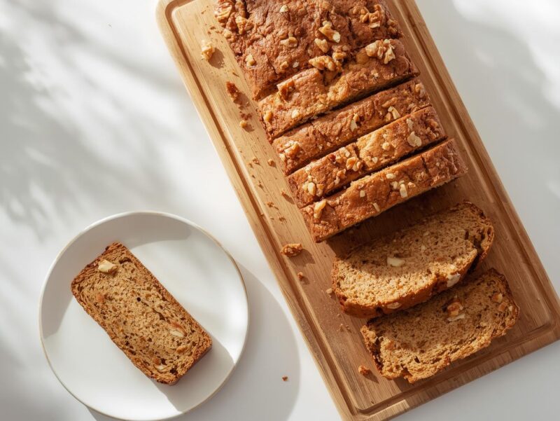 Sliced vegan banana bread with walnuts on a wooden board