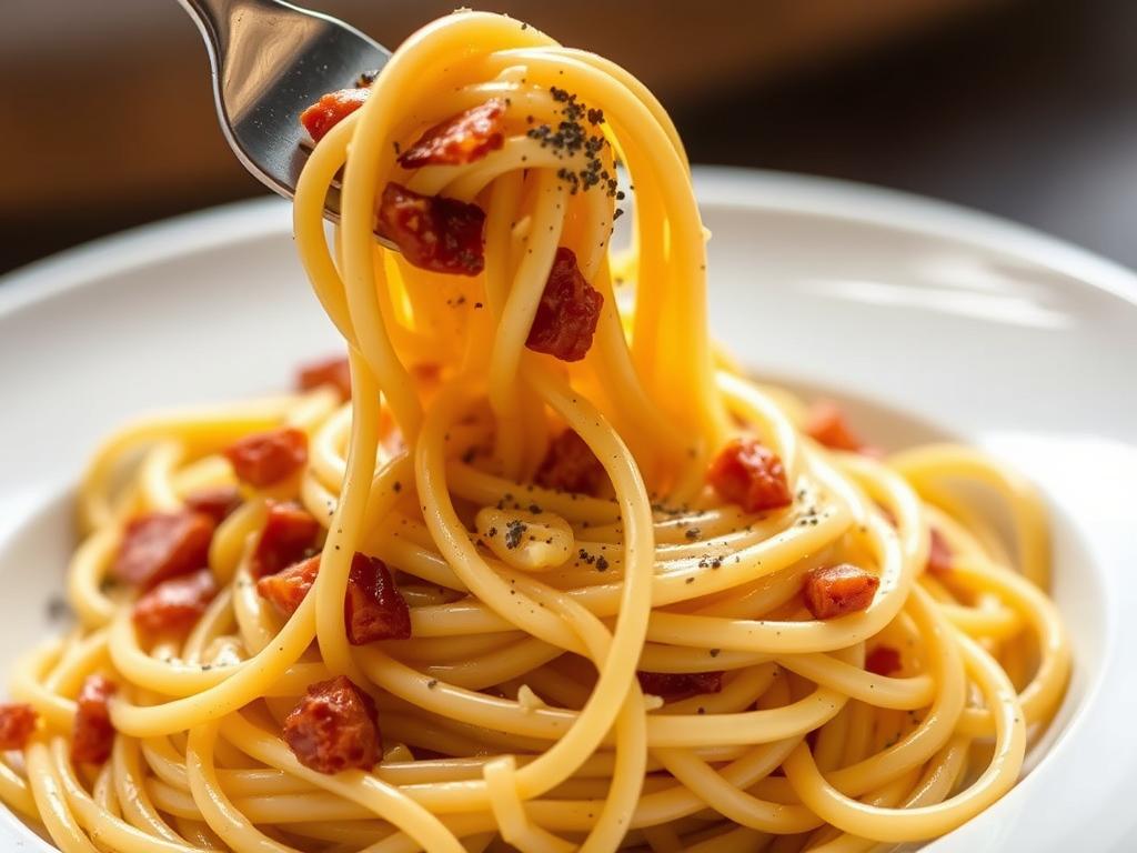 Spaghetti Carbonara with crispy pancetta, black pepper, and a glossy egg sauce coating each strand of pasta