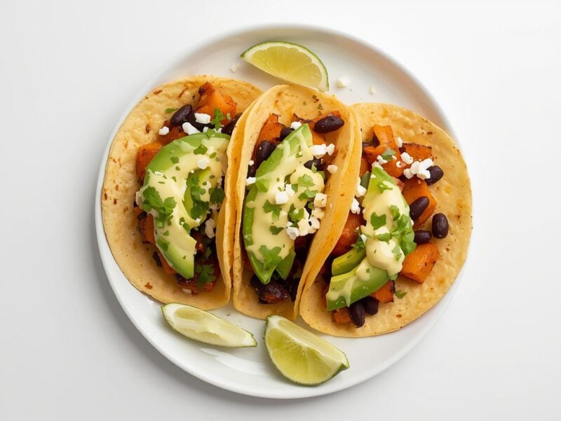Sweet potato and black bean tacos with avocado and lime
