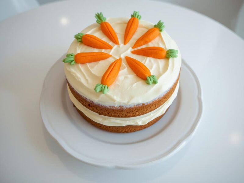 Three-layer carrot cake with cream cheese frosting and decorative carrots on top