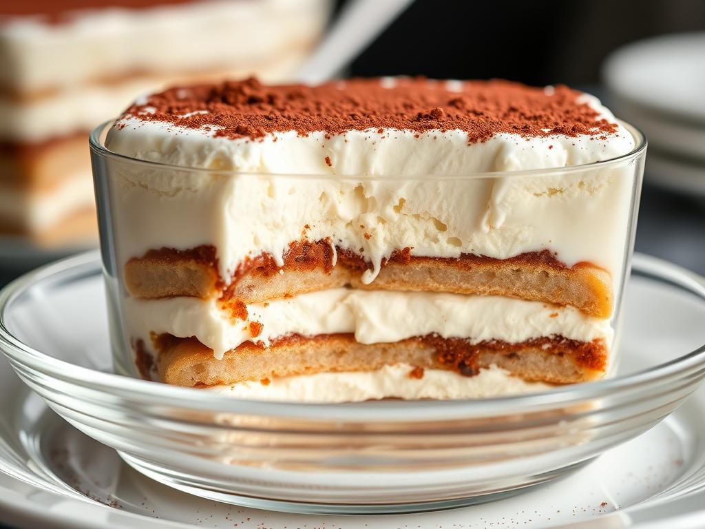 Tiramisu in a glass dish showing layers of coffee-soaked ladyfingers and mascarpone cream, dusted with cocoa powder