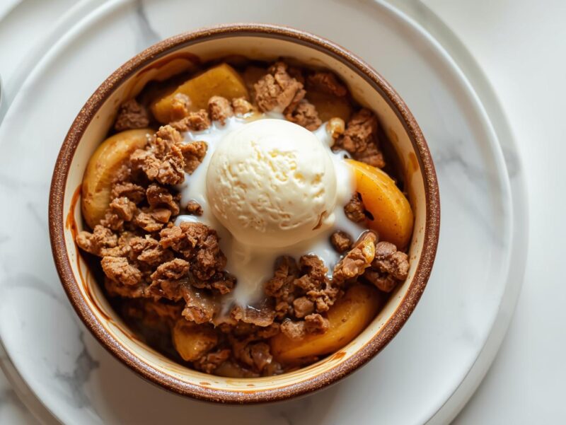 Vegan apple crisp in a baking dish with a scoop of vanilla ice cream