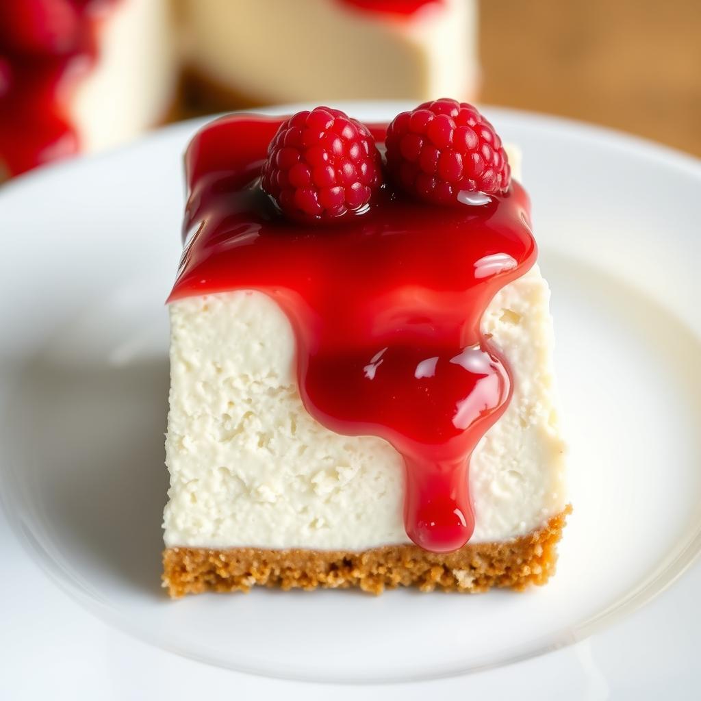 Vegan cheesecake with raspberry topping on a plate