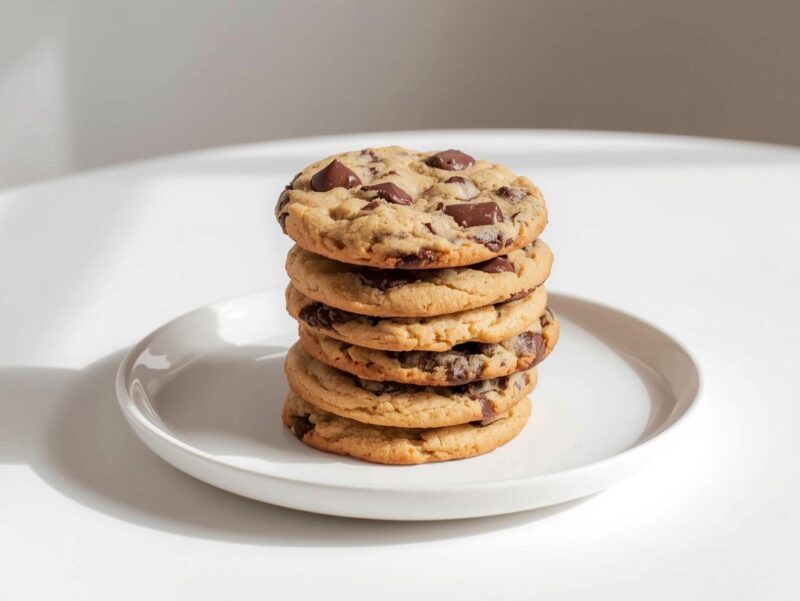 Vegan chocolate chip cookies stacked on a plate