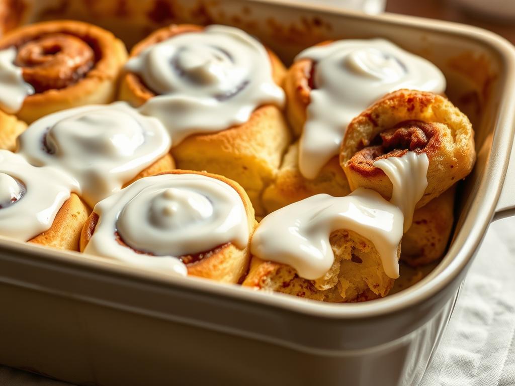Vegan cinnamon rolls with cream cheese frosting in a baking dish