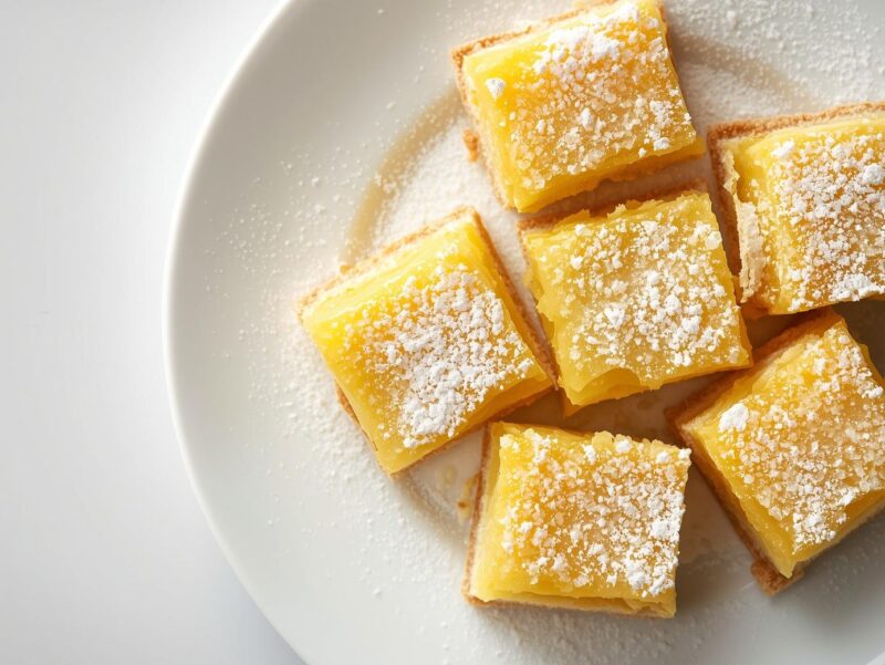 Vegan lemon bars dusted with powdered sugar on a serving plate