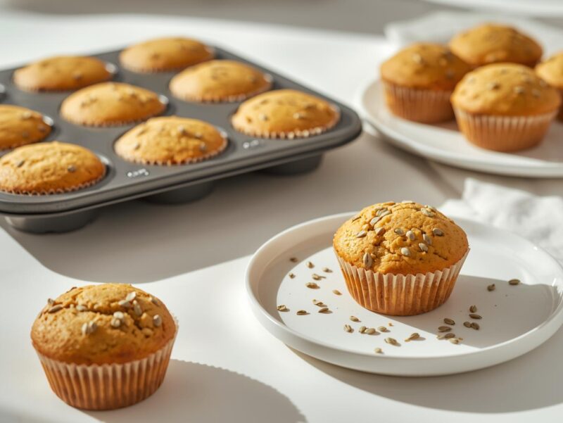 Vegan lemon poppy seed muffins in a muffin tin and on a plate