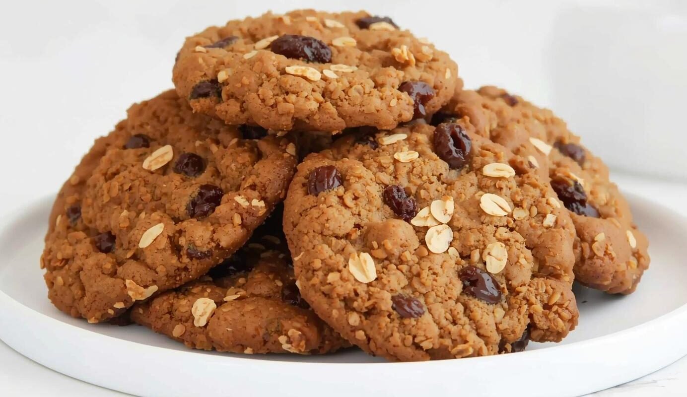 Vegan oatmeal raisin cookies stacked on a plate