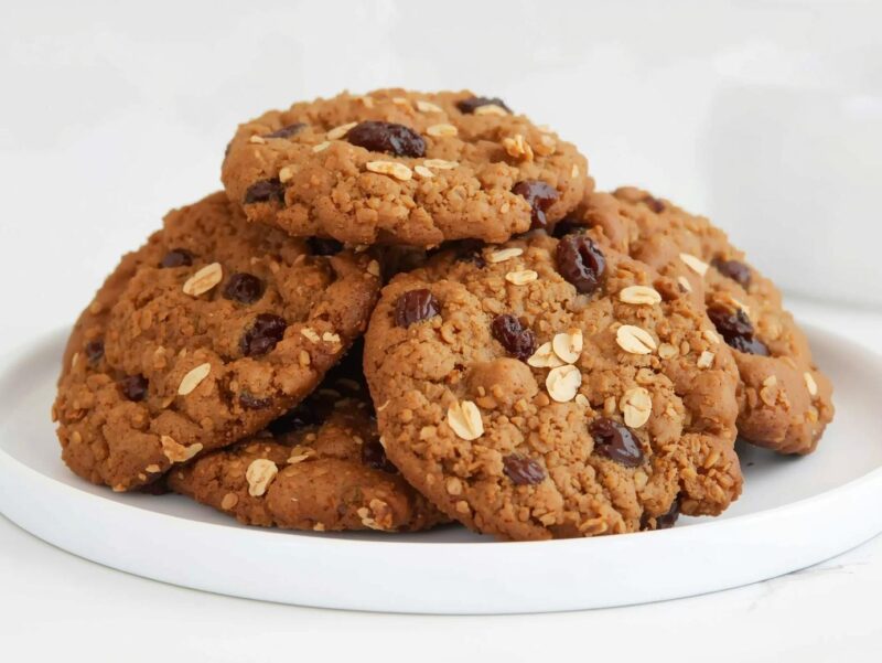 Vegan oatmeal raisin cookies stacked on a plate