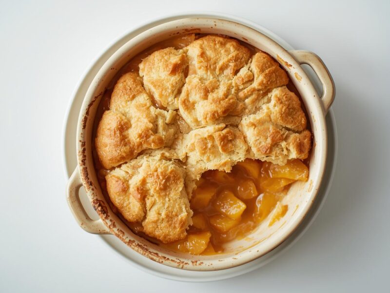 Vegan peach cobbler in a baking dish with golden biscuit topping
