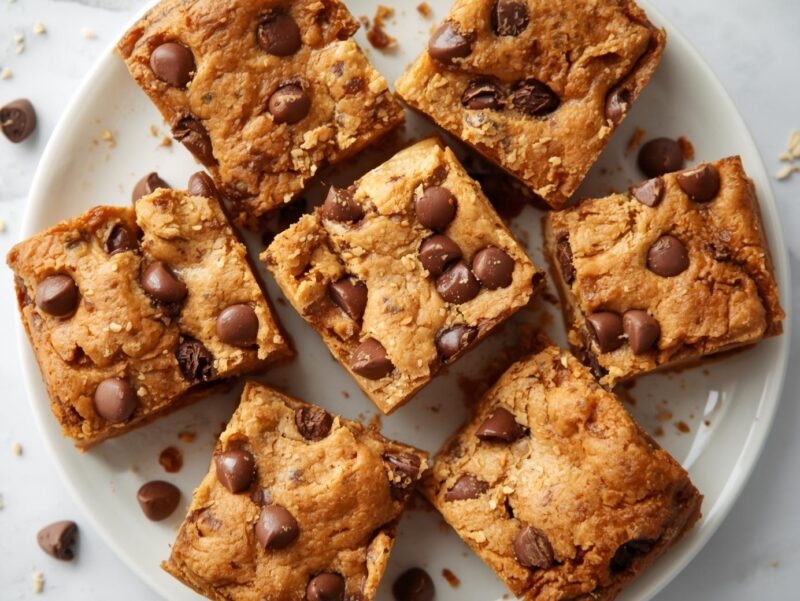 Vegan peanut butter blondies cut into squares with chocolate chips visible