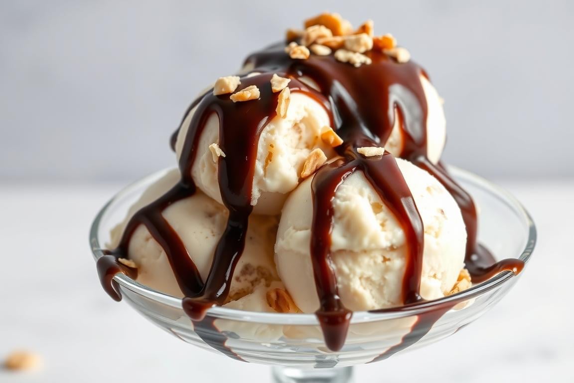 Vegan vanilla ice cream with chocolate sauce and nuts