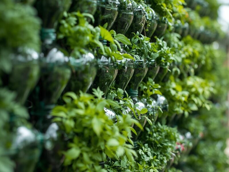 Vertical garden made from recycled plastic bottles growing herbs