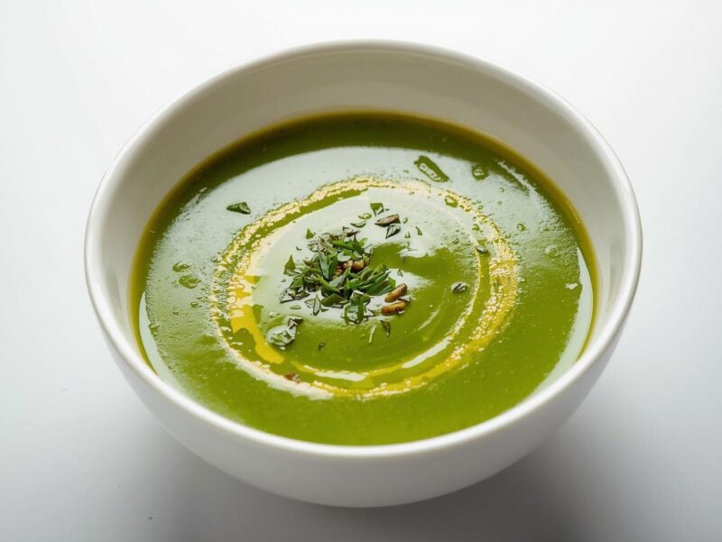 Vibrant green soup with herbs and a swirl of olive oil