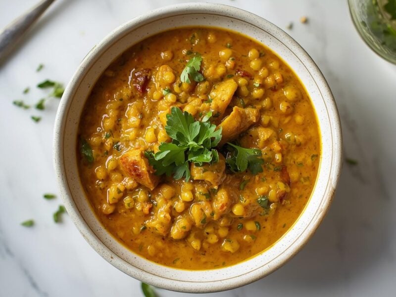 Thick golden turmeric lentil stew in a bowl with fresh herbs