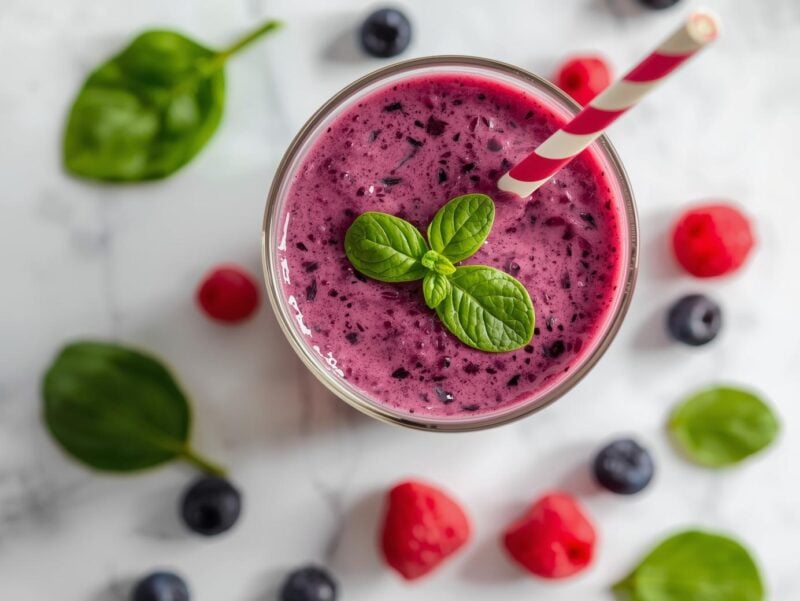 Purple berry and spinach smoothie in a glass with fresh berries