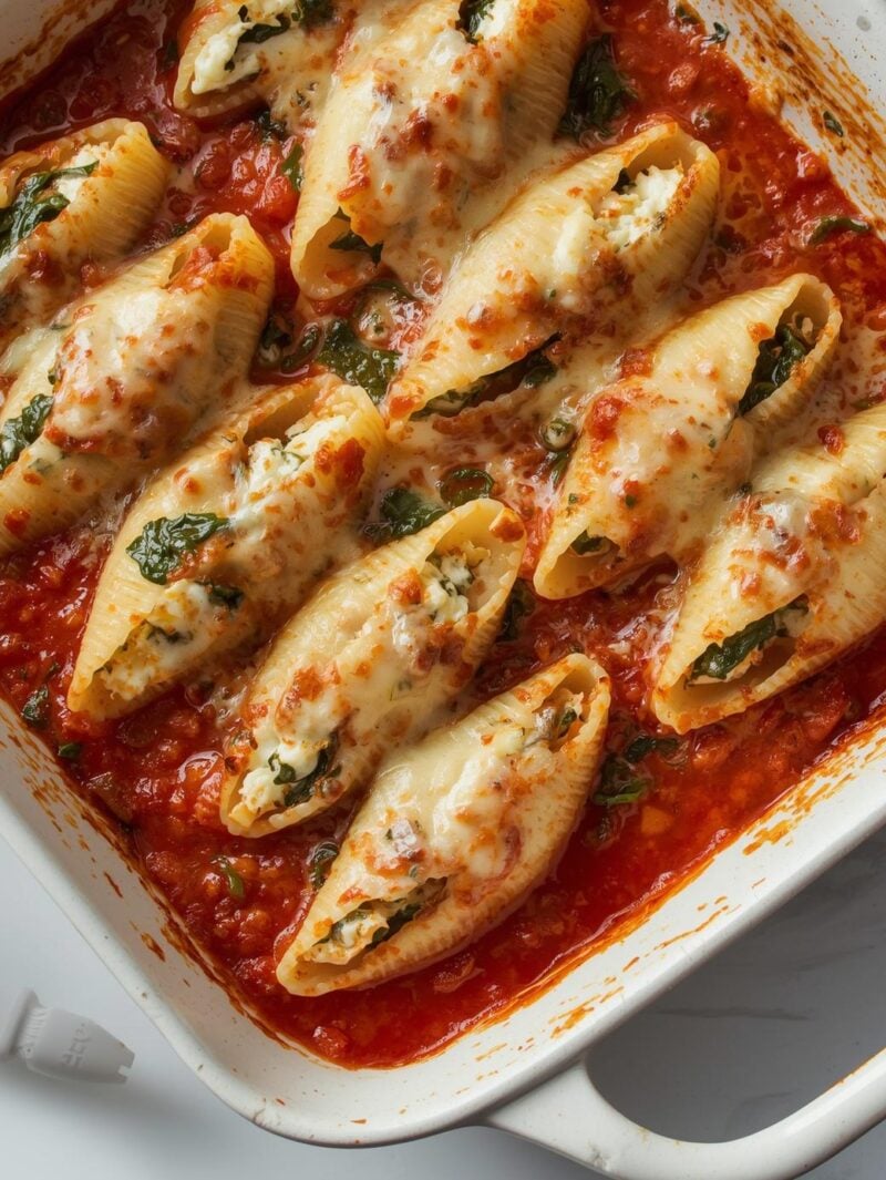 A baking dish of stuffed pasta shells filled with spinach and ricotta mixture, topped with marinara sauce and melted cheese