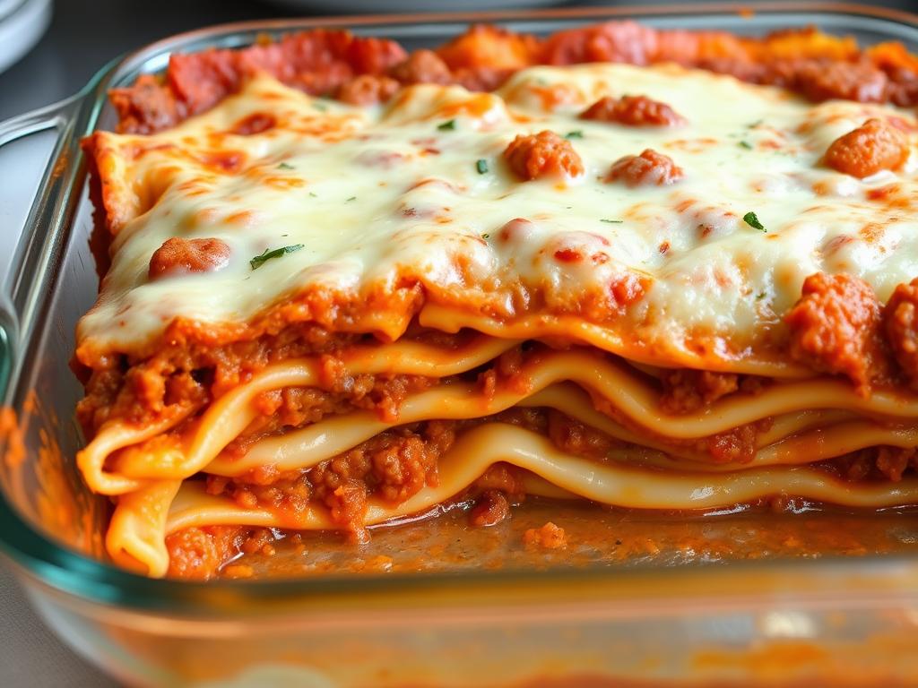 A freshly baked lasagna with layers of pasta, meat sauce, and cheese visible in the cut section A freshly baked lasagna with layers of pasta, meat sauce, and cheese visible in the cut section