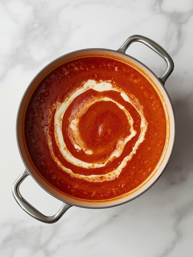 A pot of rich red roasted tomato soup with a swirl of cream on top