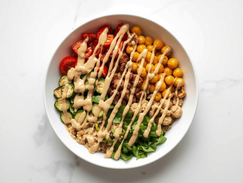 Colorful chickpea buddha bowl with roasted vegetables, quinoa, and tahini dressing