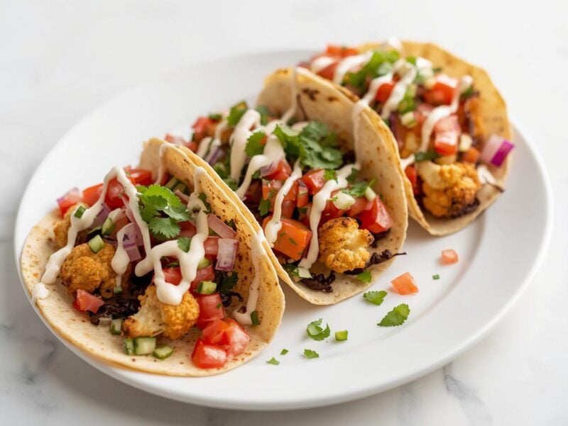 Crispy cauliflower tacos with colorful toppings and creamy sauce