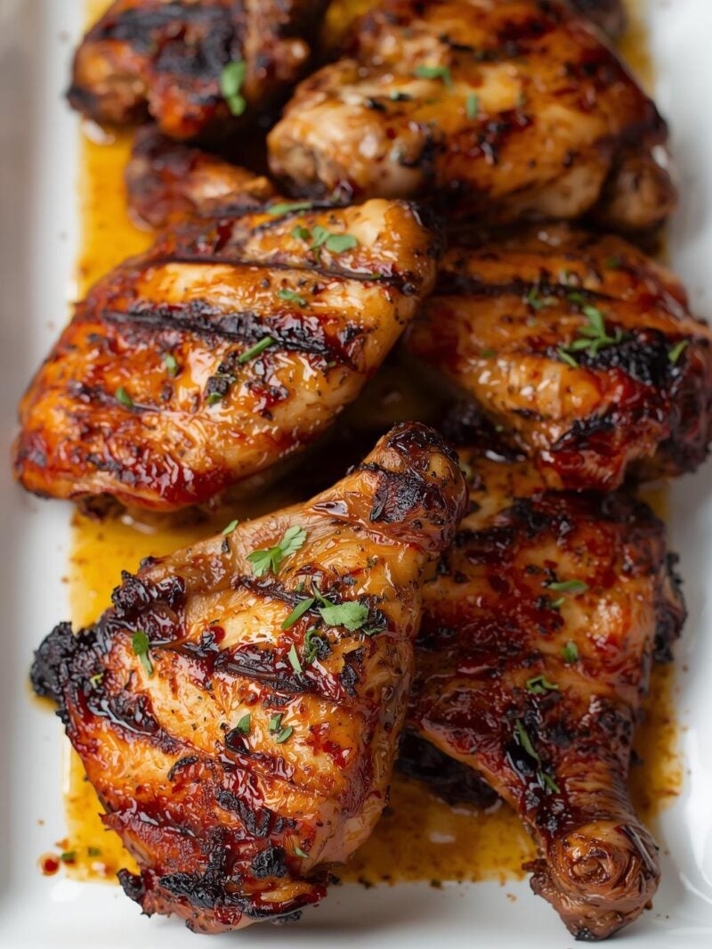 Grilled marinated chicken thighs with charred edges and visible herbs and spices