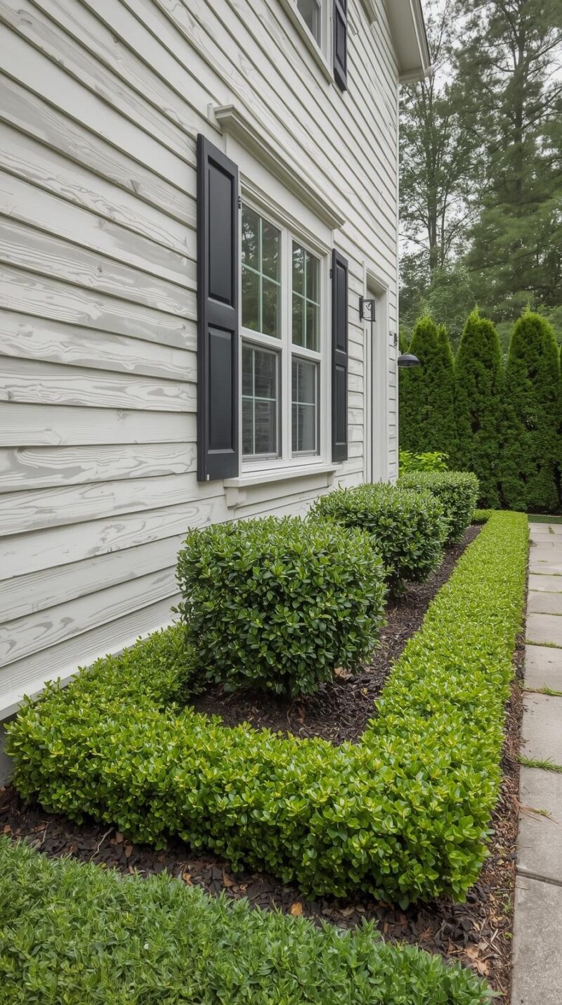I always pick compact shrubs that stay naturally short, like dwarf boxwood, Japanese holly, or lavender in warmer spots. If I start with fast growers, I sign myself up for way too much trimming, and honestly, I already have enough chores.