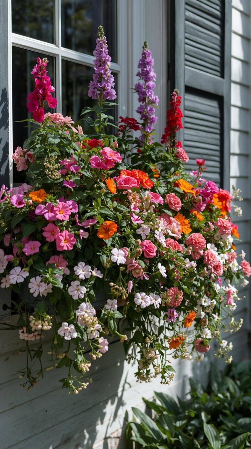 I never skip drainage because soggy boxes turn pretty flowers into a sad little mess. I also use lightweight potting mix, so the box drains better and puts less strain on the brackets. If I want a fuller look, I plant a mix of upright blooms, soft fillers, and one trailing vine at the edge.