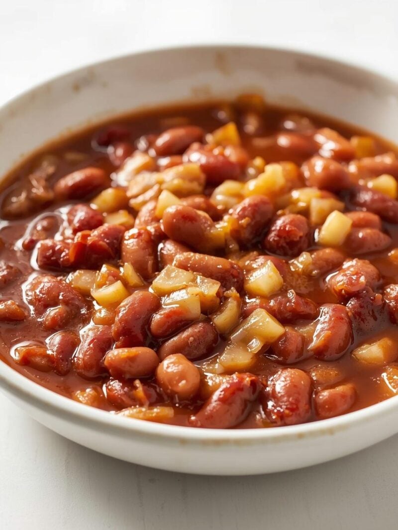 canned navy beans, chopped onion, ketchup, brown sugar, yellow mustard, and a little Worcestershire sauce.