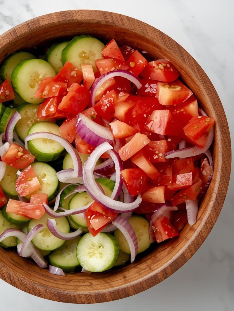 Slice 2 cucumbers, chop 2 tomatoes, and thinly slice 1 small red onion.