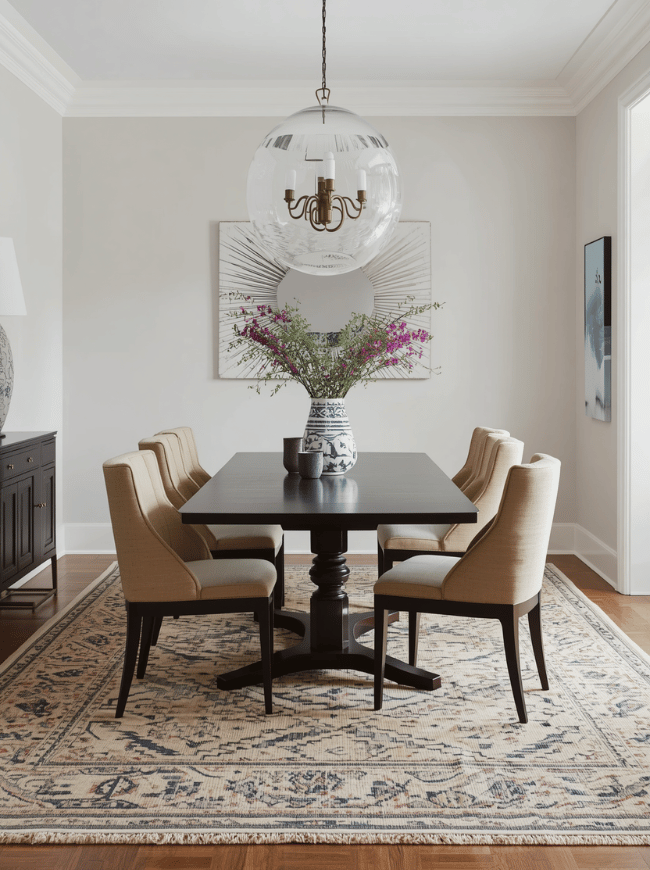 Define the Space With an Area Rug An area rug can make a dining room feel warmer while visually separating it from the rest of an open-plan living space. It also adds color, texture, and pattern beneath the table. Choose a rug large enough for the table and chairs. Ideally, the chairs should remain on the rug even when they are pulled out. A rug that is too small can look disconnected and may cause chair legs to catch on the edge. Flat-weave and low-pile rugs are usually practical choices for dining areas because they are easier to clean and allow chairs to move smoothly. If the room has plain walls and simple furniture, a patterned rug can add personality. For a busier room, choose a subtle texture or a simple neutral design.