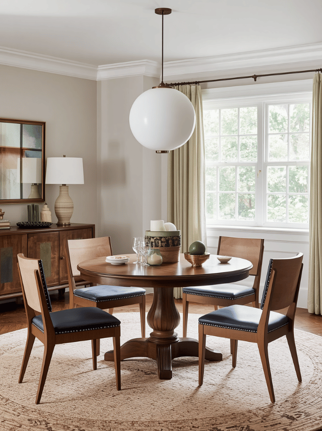 Choose a Statement Dining Table The dining table usually becomes the main visual feature of the room, so choose one that suits both the space and the way you live. A solid wood table adds warmth and works well with traditional, farmhouse, rustic, and modern interiors. A glass table can make a compact room feel more open, while a round table encourages conversation and makes it easier to move around the room.