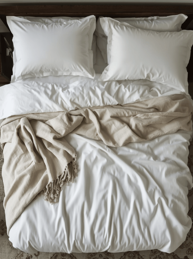 Step 1: Strip and Wash the Bedding
Remove the sheets, blankets, pillow covers, and mattress protector. Wash each item according to its care label, using the warmest safe setting for the fabric.
The mattress protector deserves regular attention because it catches much of the sweat, dust, and spilled liquid that would otherwise reach the mattress. If you do not already use one, choose a washable protector that fits securely and allows air to circulate.
