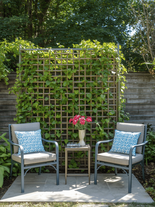 Add Privacy With a Trellis

A trellis behind the seating area can create separation without making the backyard feel closed in. Train a suitable climbing plant over it, or leave it open for a lighter look.

Anchor the trellis securely and choose plants based on sunlight and mature size.

Rating: ★★★★★ - Adds privacy and vertical interest without using much ground space.