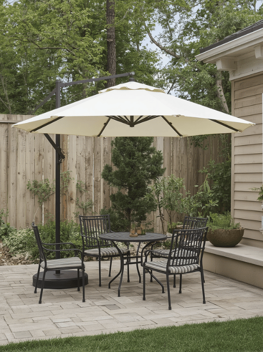 Use an Outdoor Umbrella

A market umbrella is a simple choice for a table and two chairs. Pick a base heavy enough for the umbrella size and close it during strong wind or storms.

A cantilever umbrella can provide shade without a center pole, but it needs a stable base and more room to operate.

Rating: ★★★★★ - Quick shade with no permanent construction.