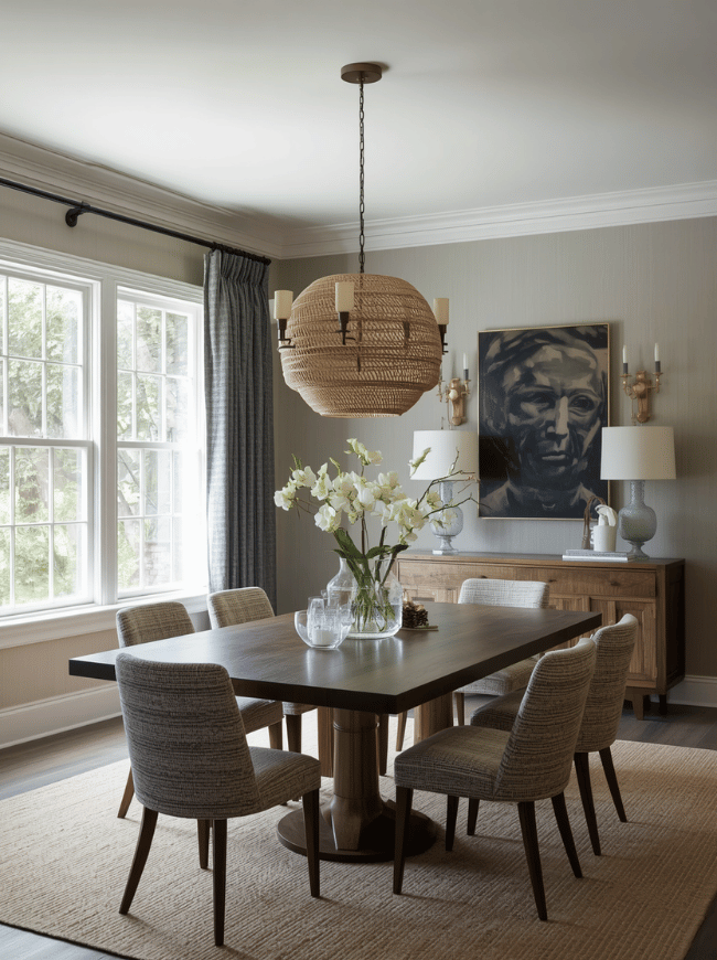 Install an Eye-Catching Light Fixture Good lighting can change the entire mood of a dining room. A striking pendant light or chandelier gives the table a clear focal point and makes the room feel more finished. For a traditional space, try a classic chandelier with several arms. Woven pendants work well in relaxed, natural interiors, while a linear fixture suits a long rectangular table. In a small dining area, a single pendant can provide enough style without overwhelming the room. The fixture should be centered over the table rather than simply placed in the middle of the ceiling. It should also hang low enough to feel connected to the table but high enough that diners can see one another clearly. Installing a dimmer switch makes the lighting more flexible, allowing you to use brighter light for everyday meals and a softer glow when entertaining.