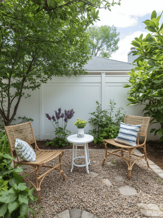 Create a compact seating area - ★★★★★ Place two chairs and a small table on gravel, pavers, or an existing patio. A defined sitting area gives the backyard a clear purpose.
